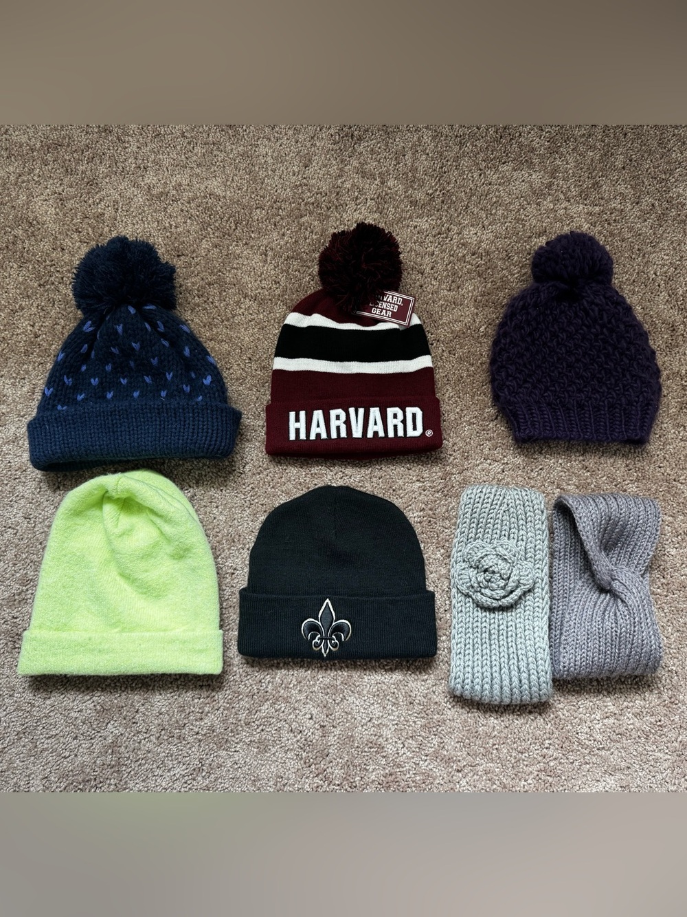 Bundle of 5 Women’s Pompom and Knit Beanies, 2 woven grey headbands- preowned